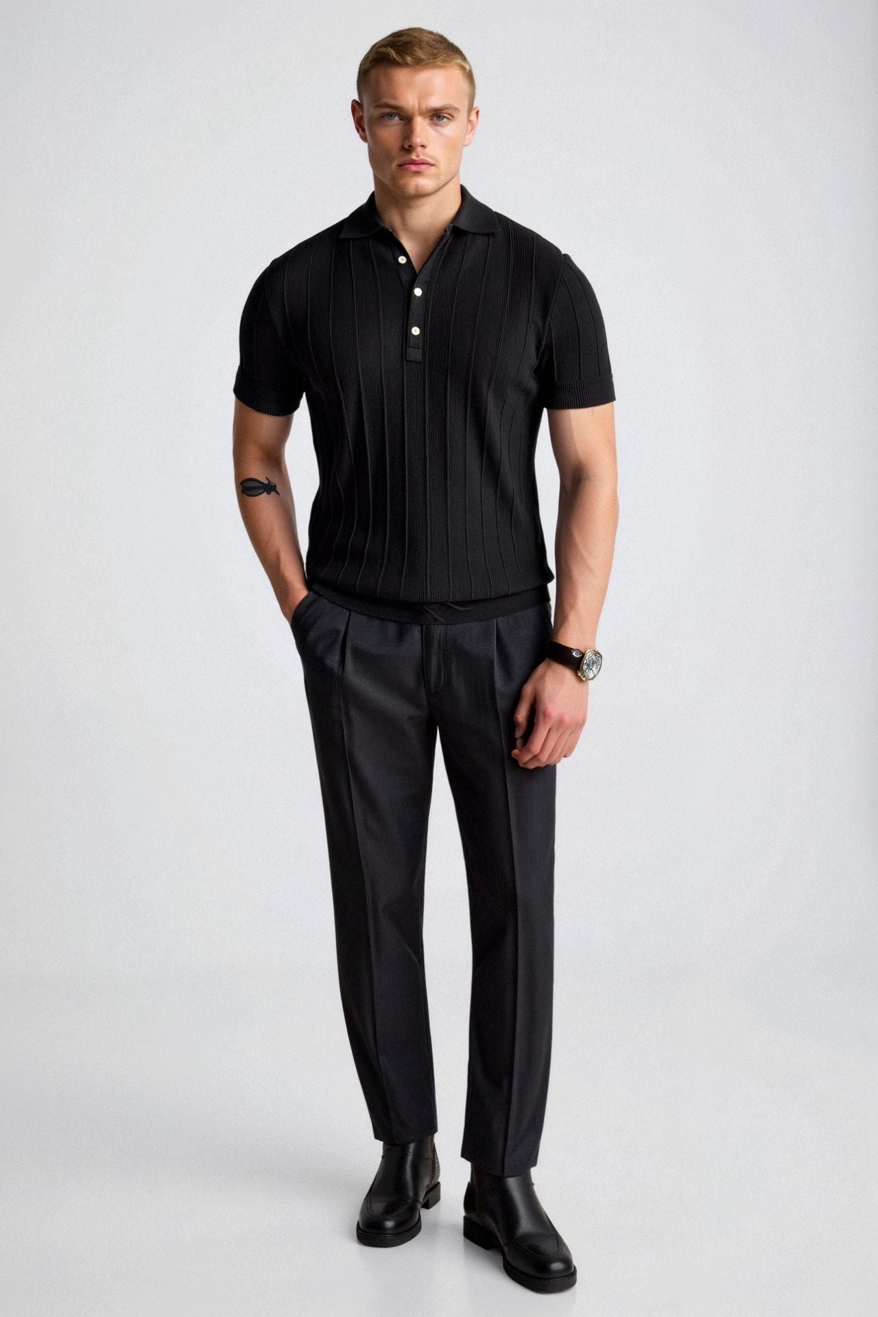 Button-Up Polo with Vertical Stripes