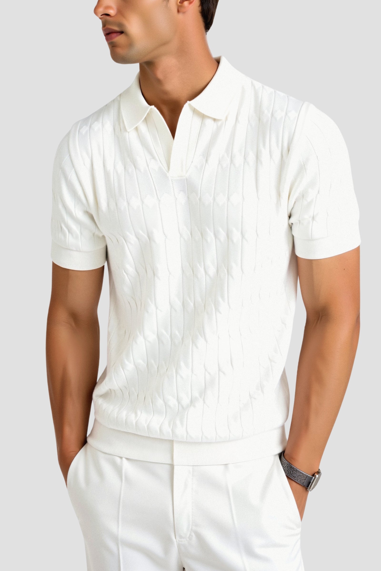 Luxury V-Neck Cable Knit Polo